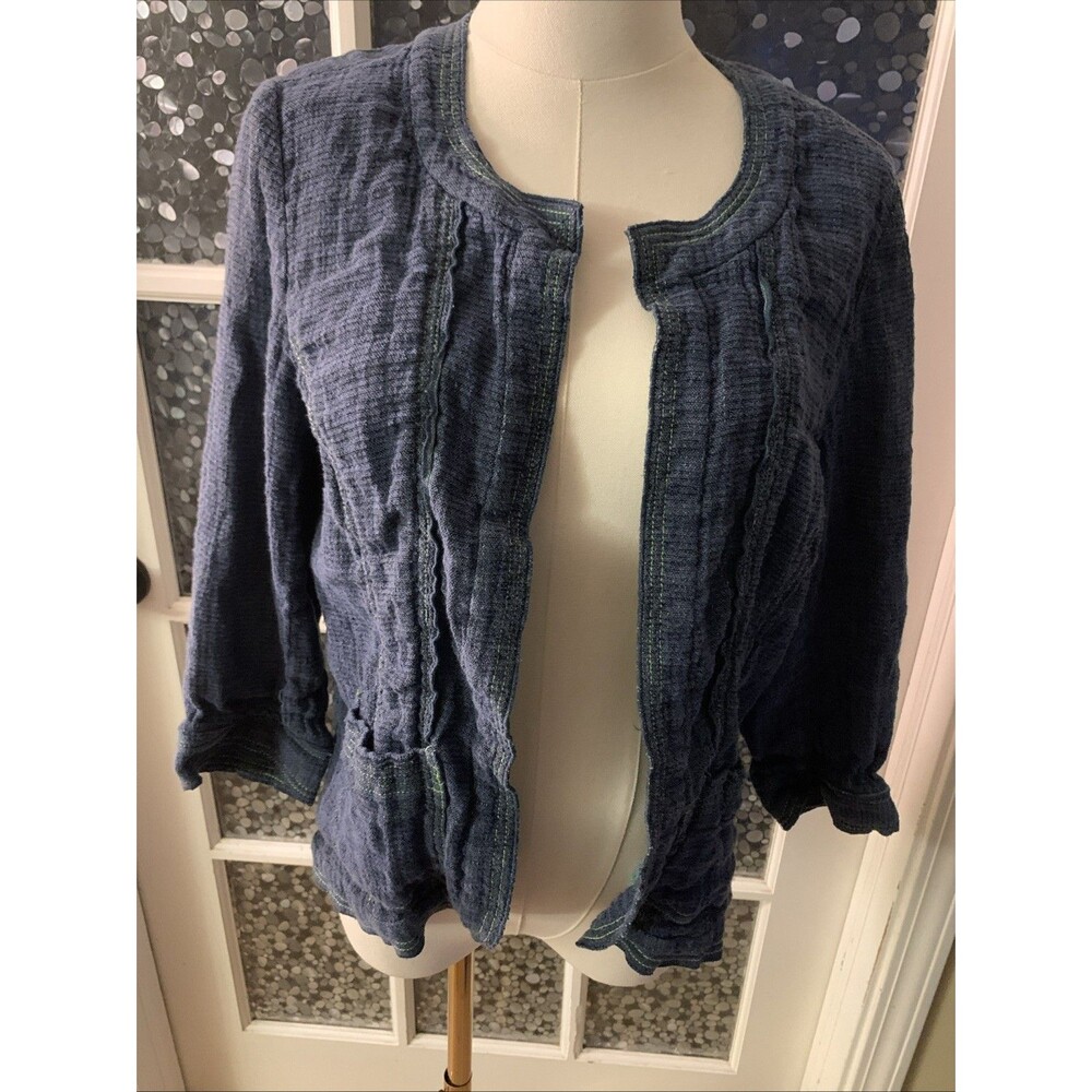 Coldwater Creek Linen Blend Jacket Top Sz M Open Front Blue Green